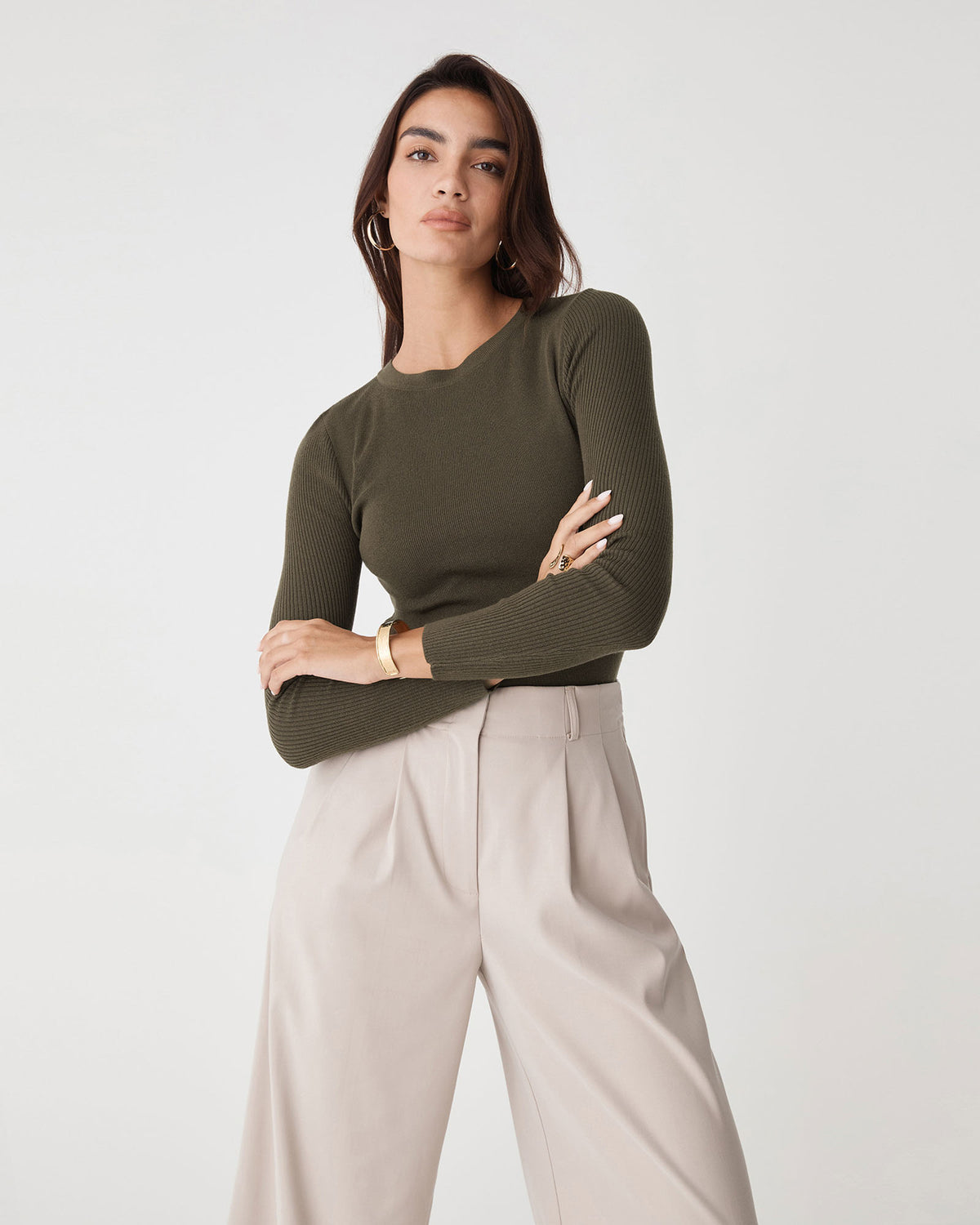 Tania Crew Neck Knit in khaki — close-up view