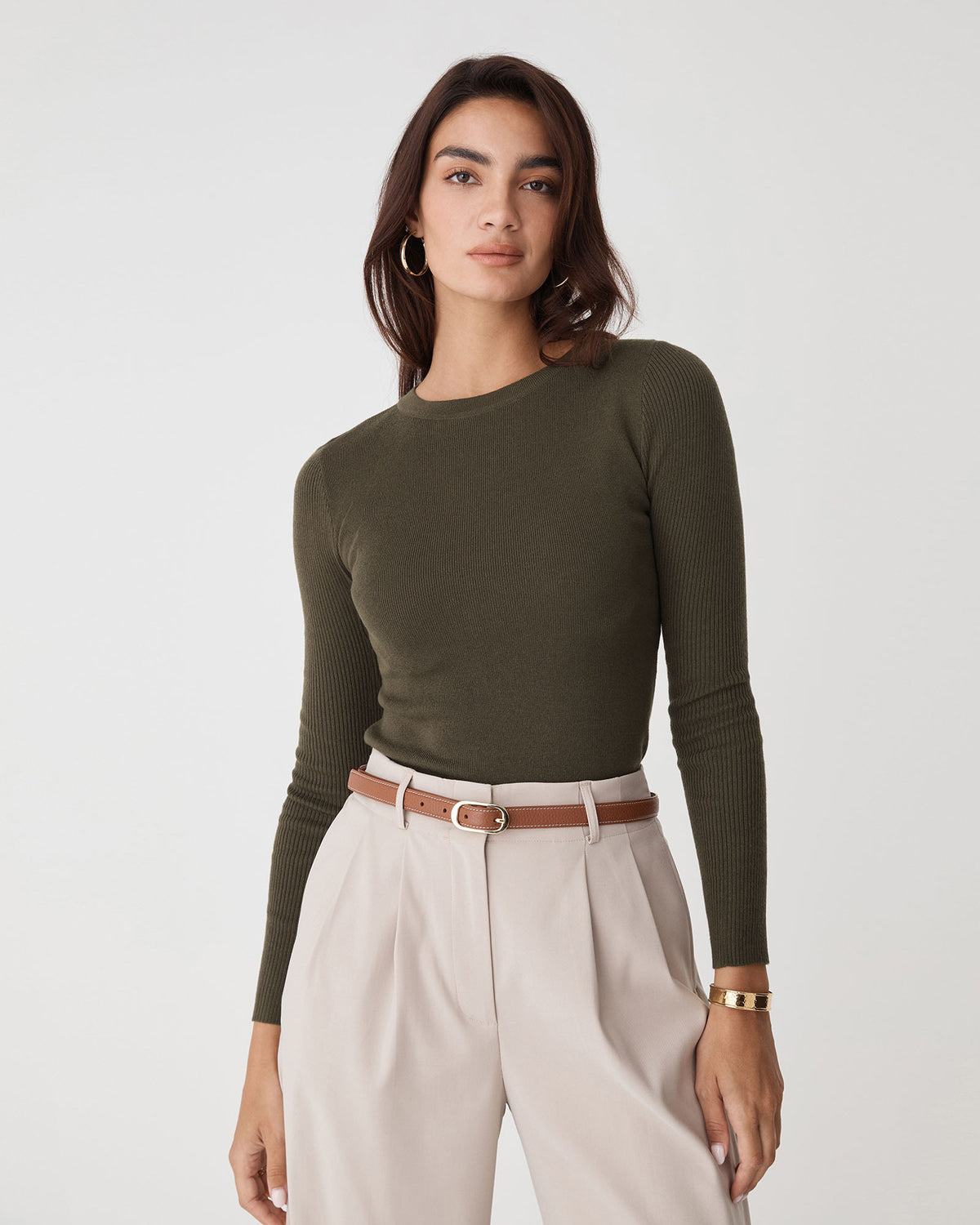 Tania Crew Neck Knit in khaki — close-up view 2