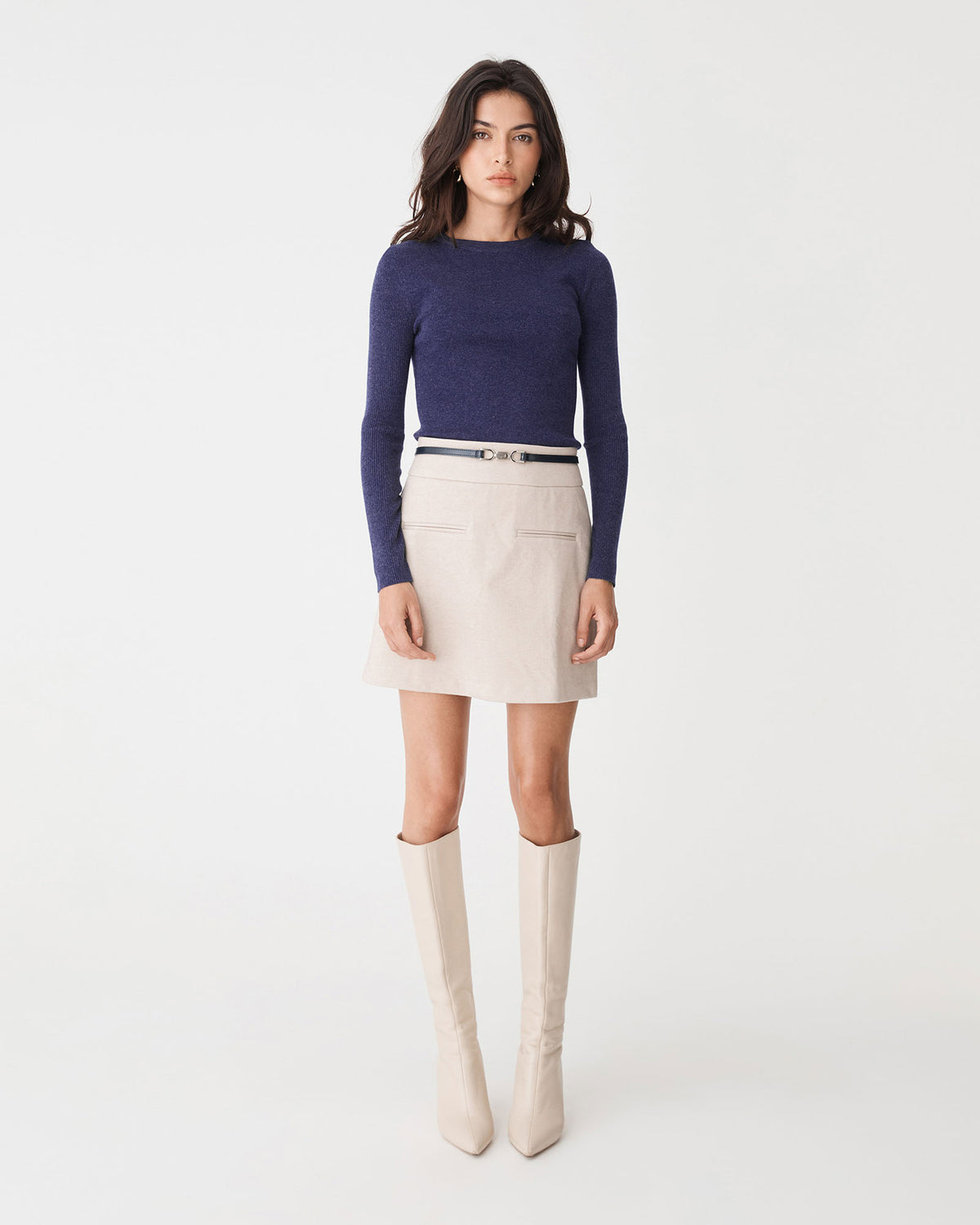 Tania Crew Neck Knit in navy — full-length view