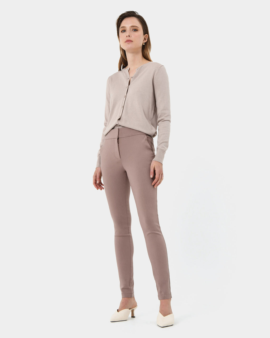 Emily High-Waisted Skinny Pants in warm taupe — full-length view