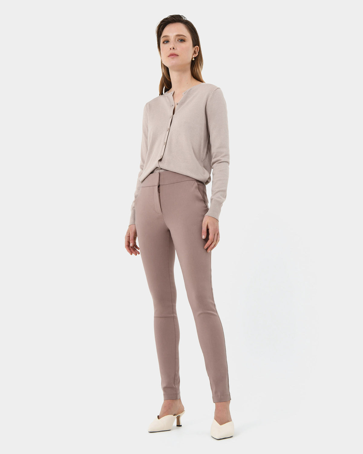 Emily High-Waisted Skinny Pants in warm taupe — full-length view
