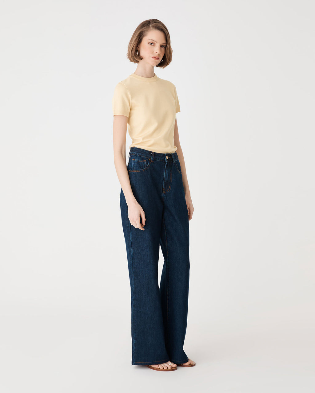 Catherine Short Sleeve Knit in straw yellow — side view