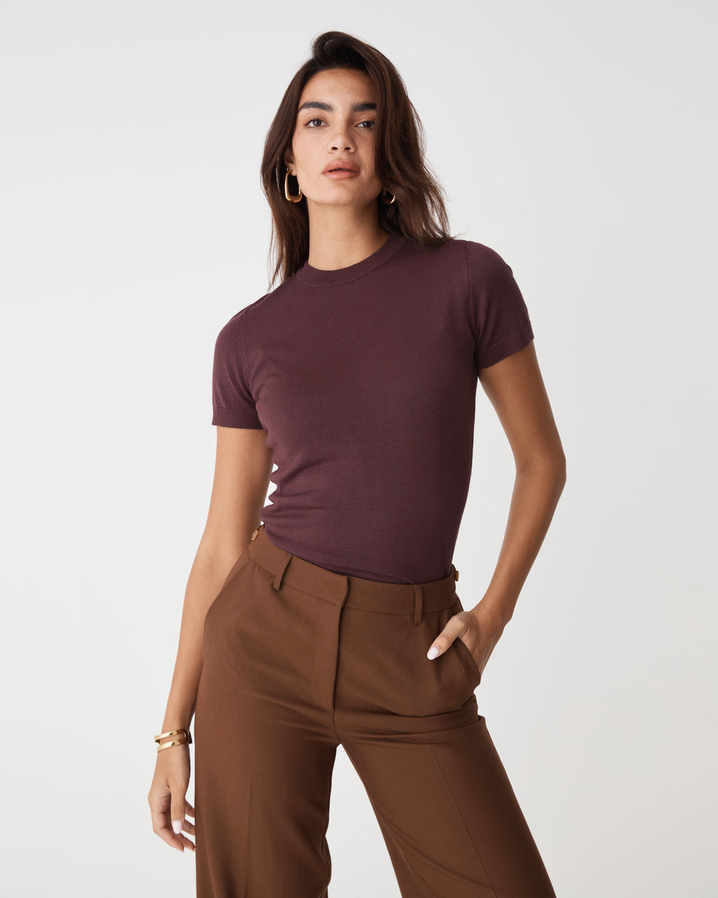 Catherine Short Sleeve Knit in shiraz — close-up view