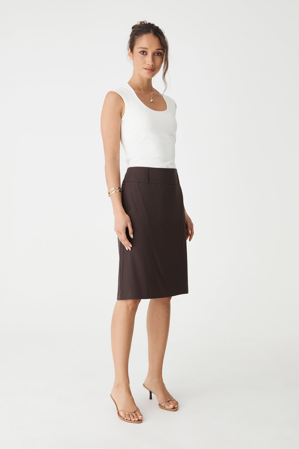Side view of the Cloud top with brown midi skirt