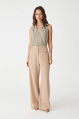 Alivia 2 V-Neck Top in khaki, front view, sleeveless top worn with beige wide-leg pants