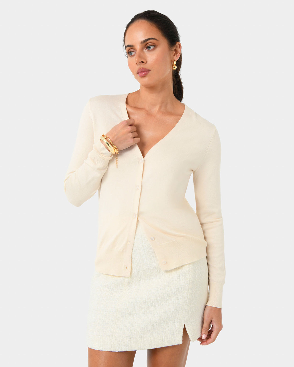 Nicolette V-Neck Knit Cardigan in bone — close-up view