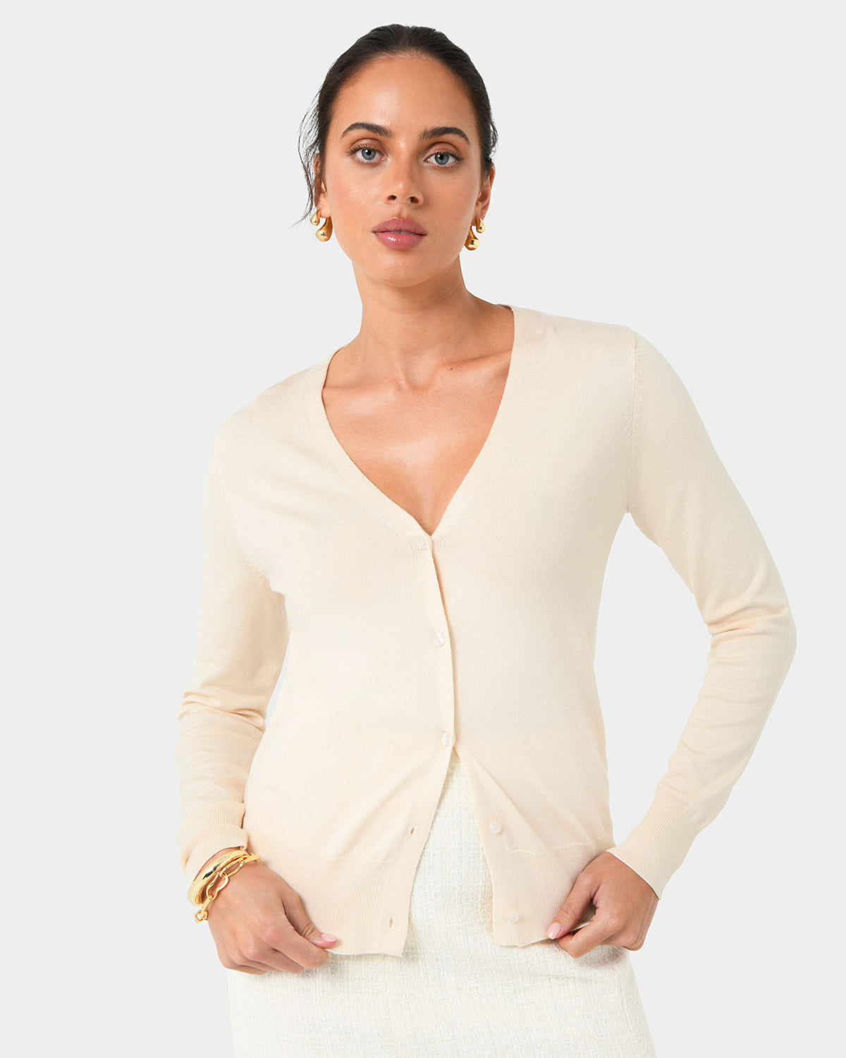 Nicolette V-Neck Knit Cardigan in bone — close-up view 2