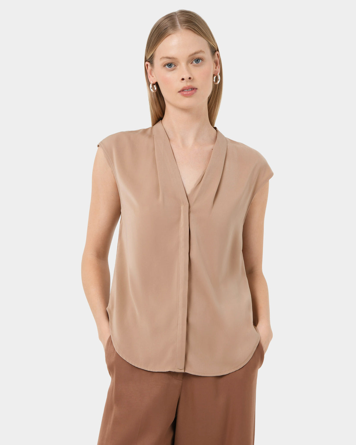 Adelaide V-Neck Cap Sleeve Top in sand beige — close-up view