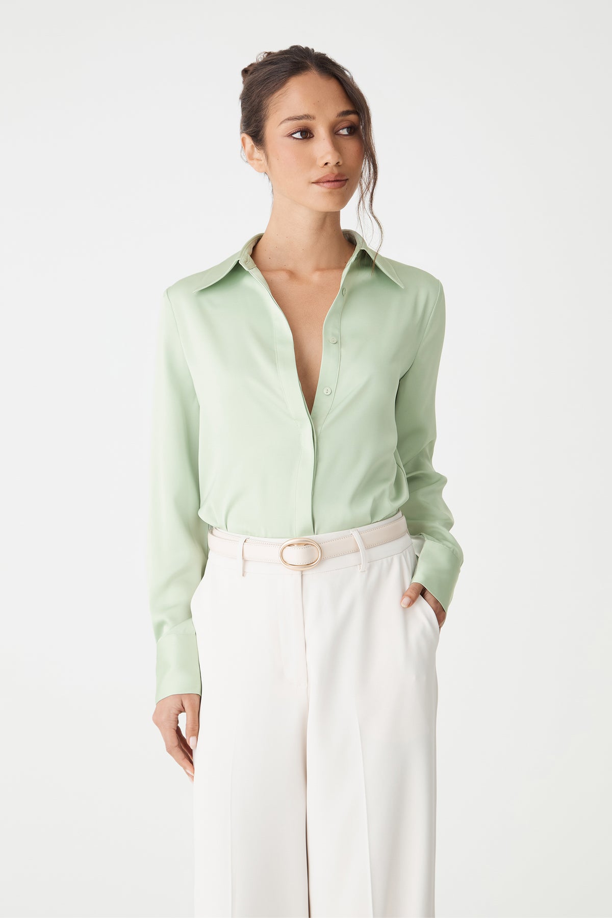 Front close-up of the mint satin shirt showing collar and concealed button placket