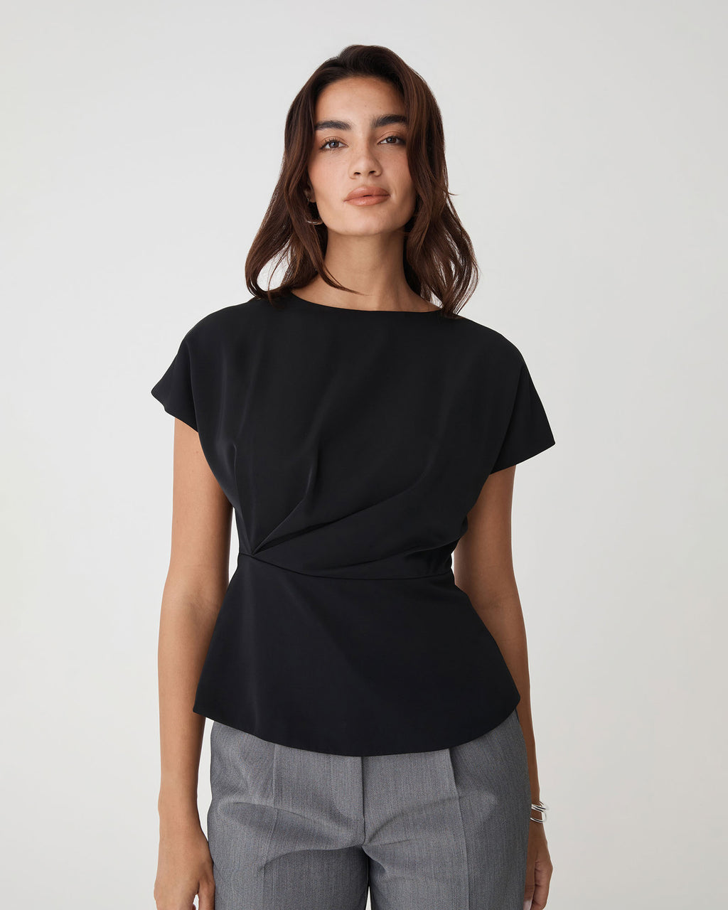 Bonnie Gathered Peplum Top in black — close-up view 3