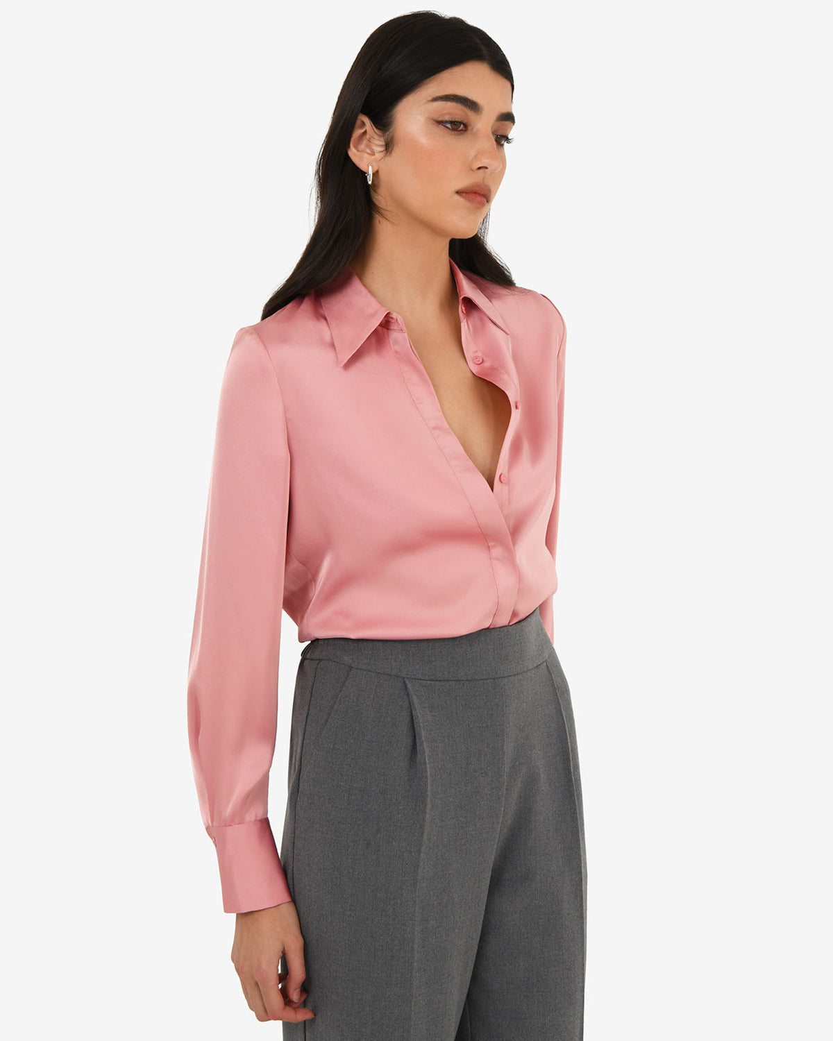Mae Satin Shirt in rouge pink — side view 2