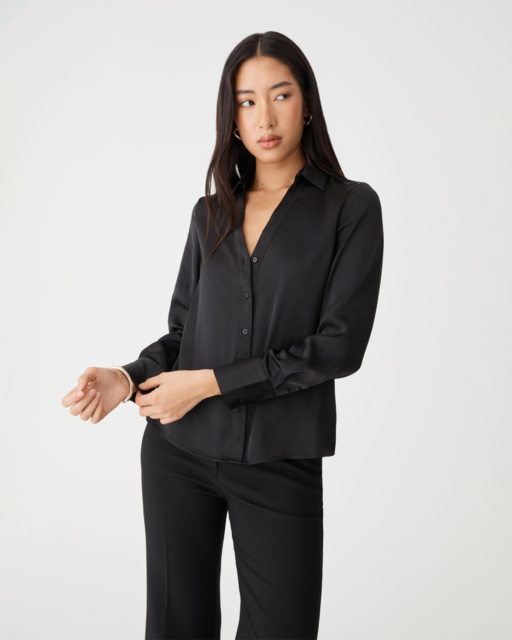 Lila V-Neck Satin Blouse in black — close-up view 2