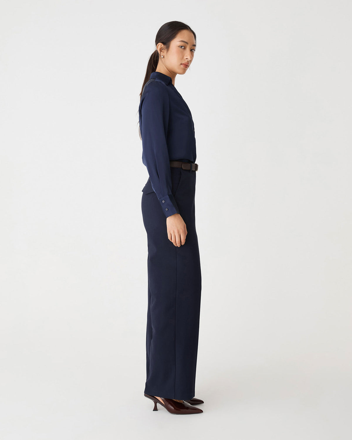 Lila V-Neck Satin Blouse in midnight — side view 2