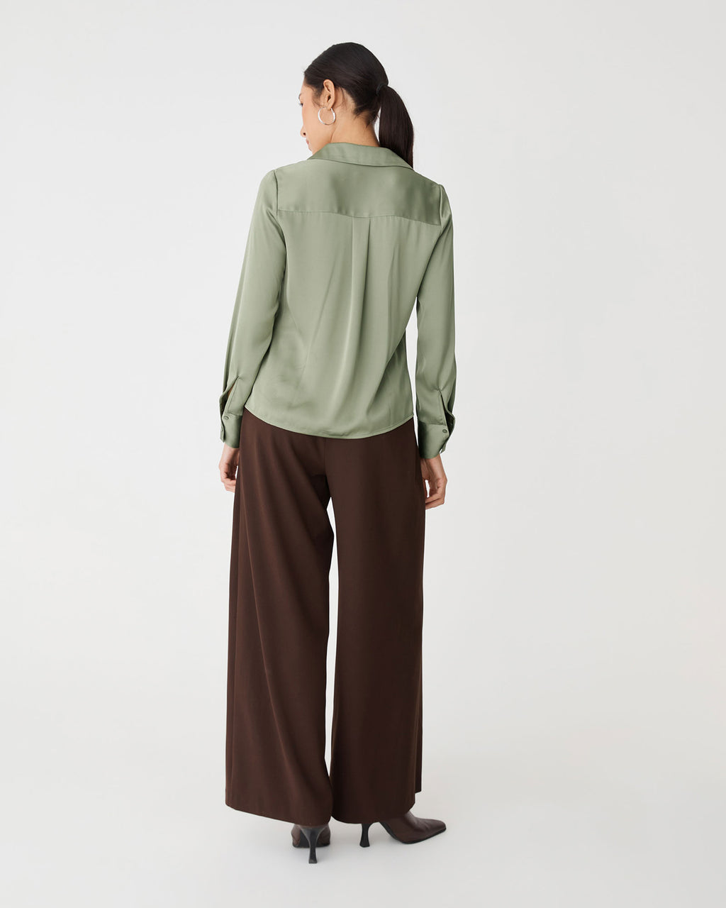 Lila V-Neck Satin Blouse in soft khaki — back view