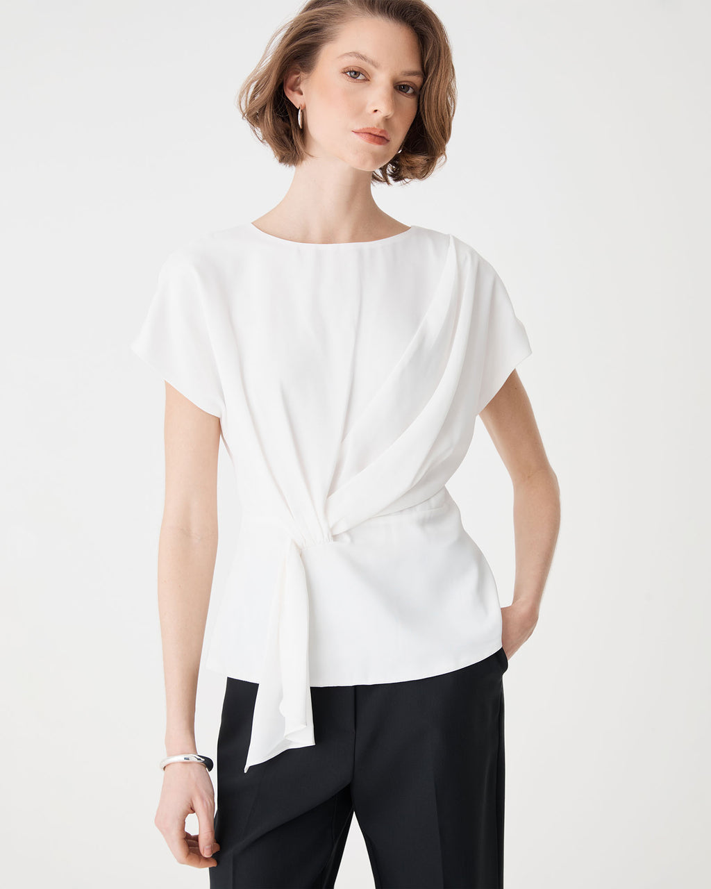 Athena Draped Top in ivory — fabric detail