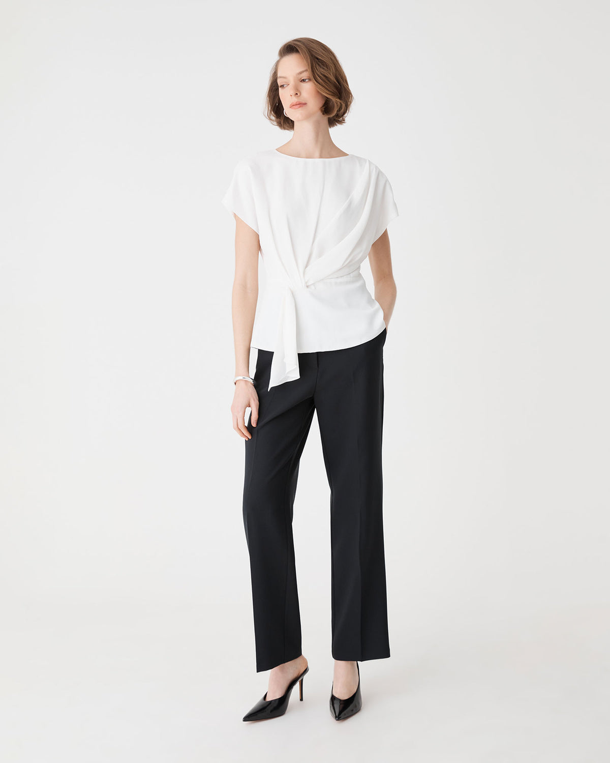 Athena Draped Top in ivory — full-length view