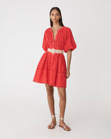 Lola Broderie Tiered Dress in fiesta red — full-length view