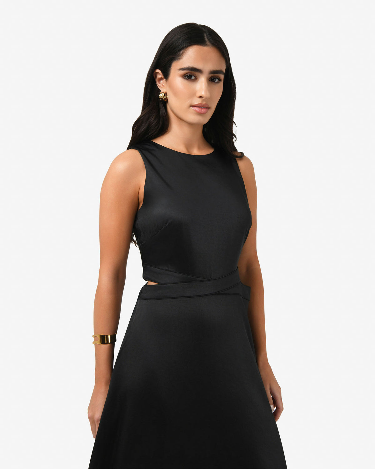 Louisa Cut Out Satin Dress in black — close-up view