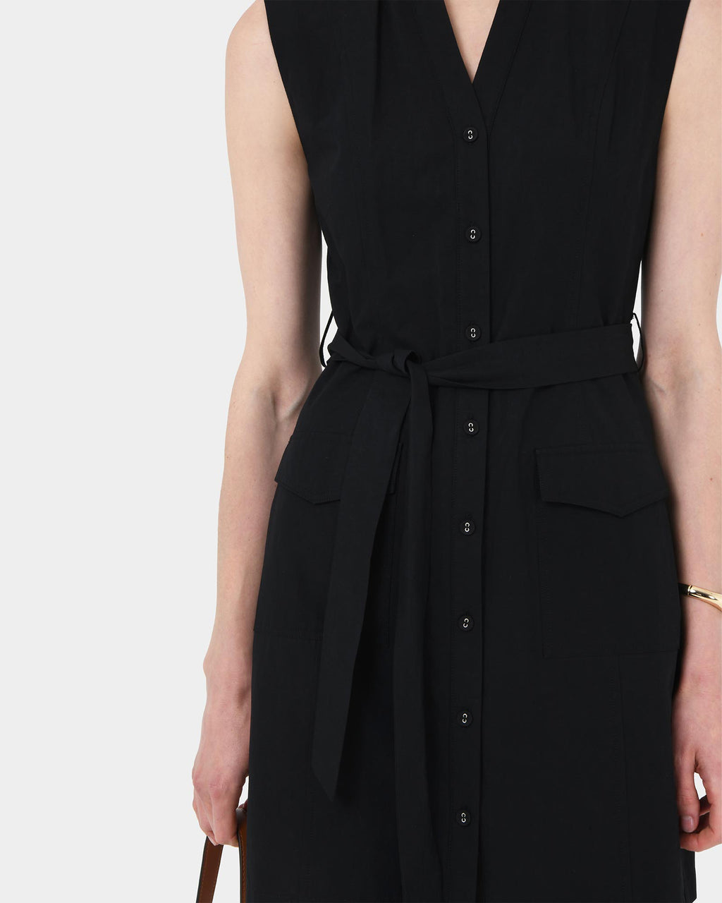 Kiran Utility Tie Dress in black — fabric detail