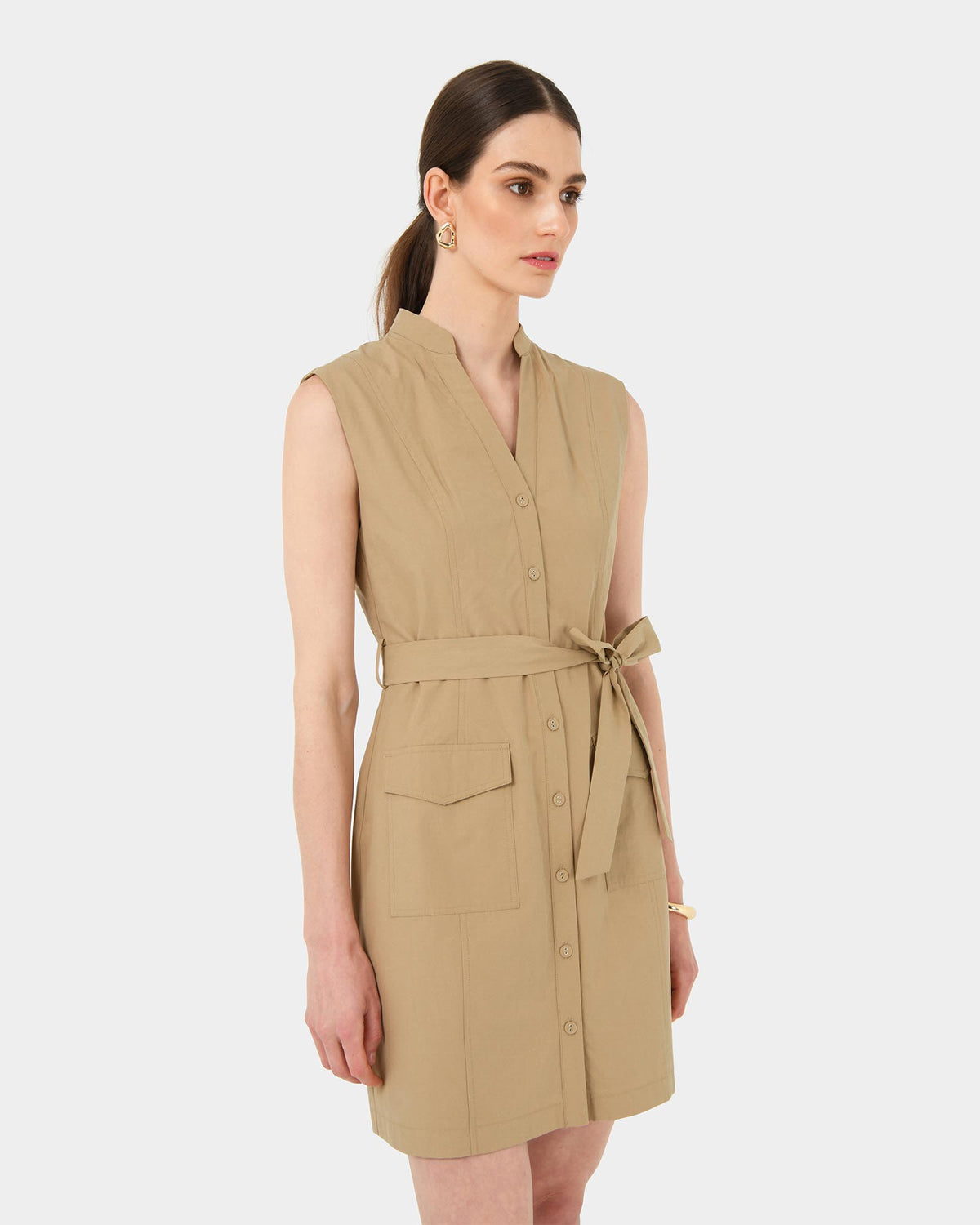 Kiran Utility Tie Dress in safari beige — side view