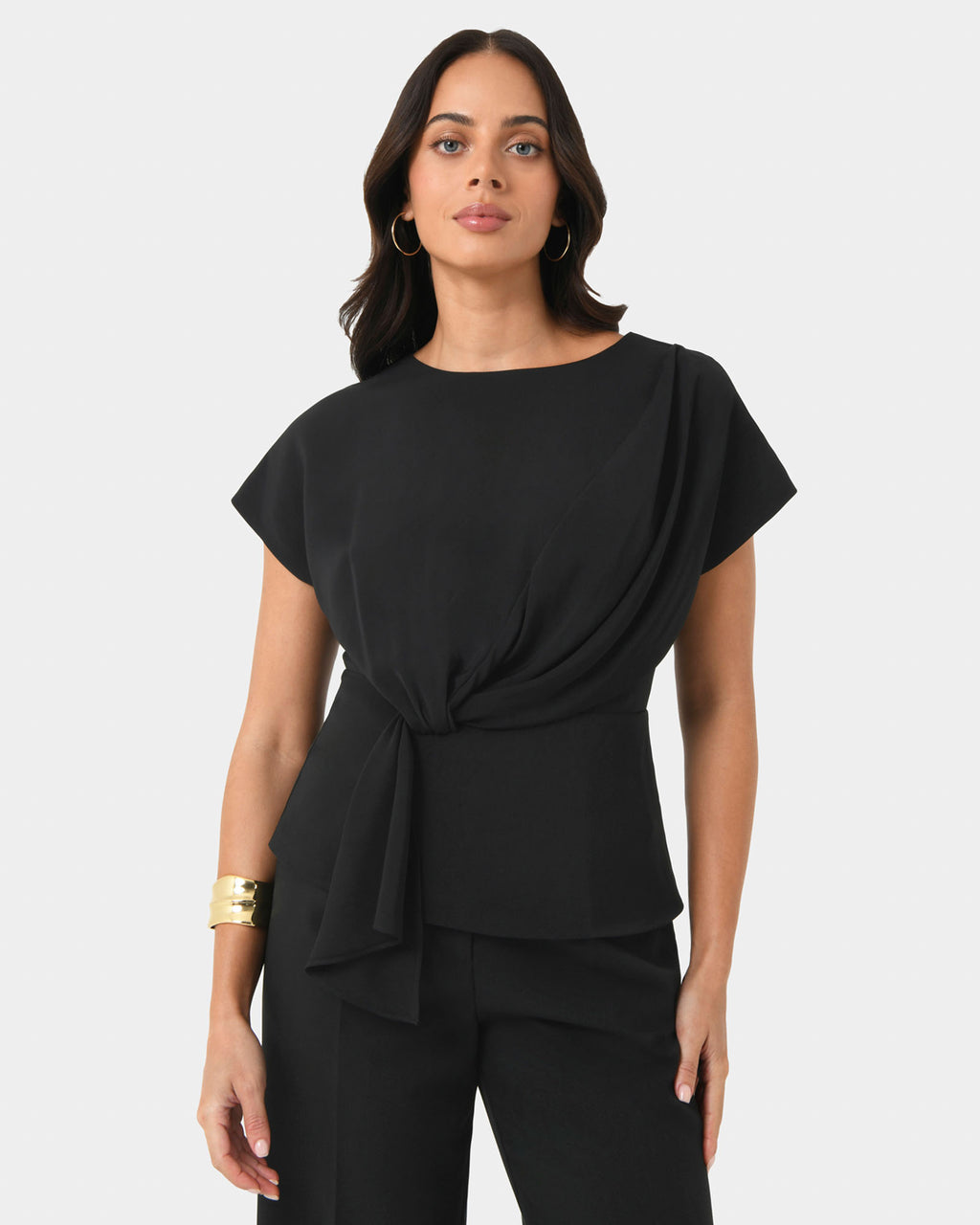 Athena Draped Top in black — close-up view 2