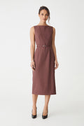 Mila Pencil Midi Dress in cinnamon, front view with slim belt buckled at the waist