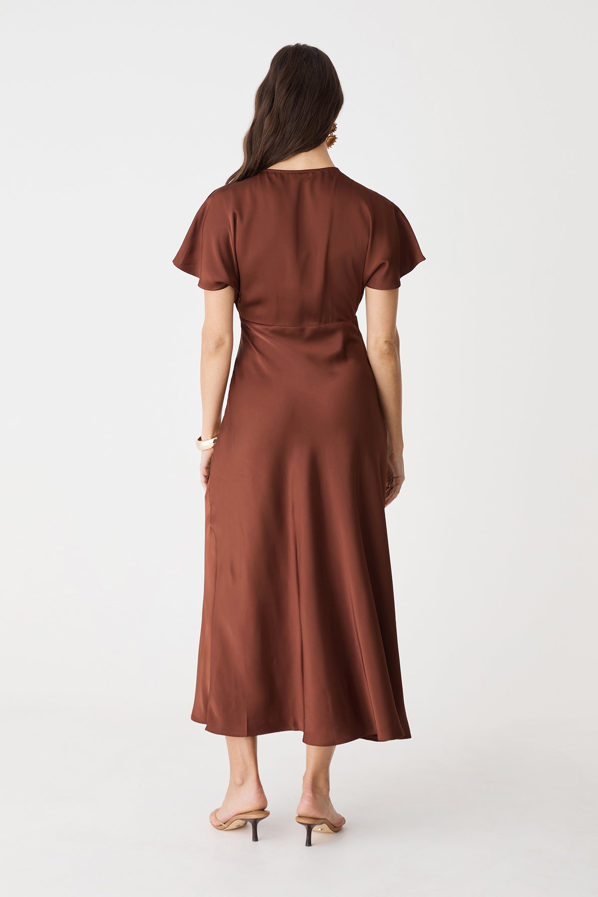 Back view of the brick satin midi dress