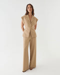 Milton Short Sleeve Blazer in camel, front view worn with matching camel wide leg pants