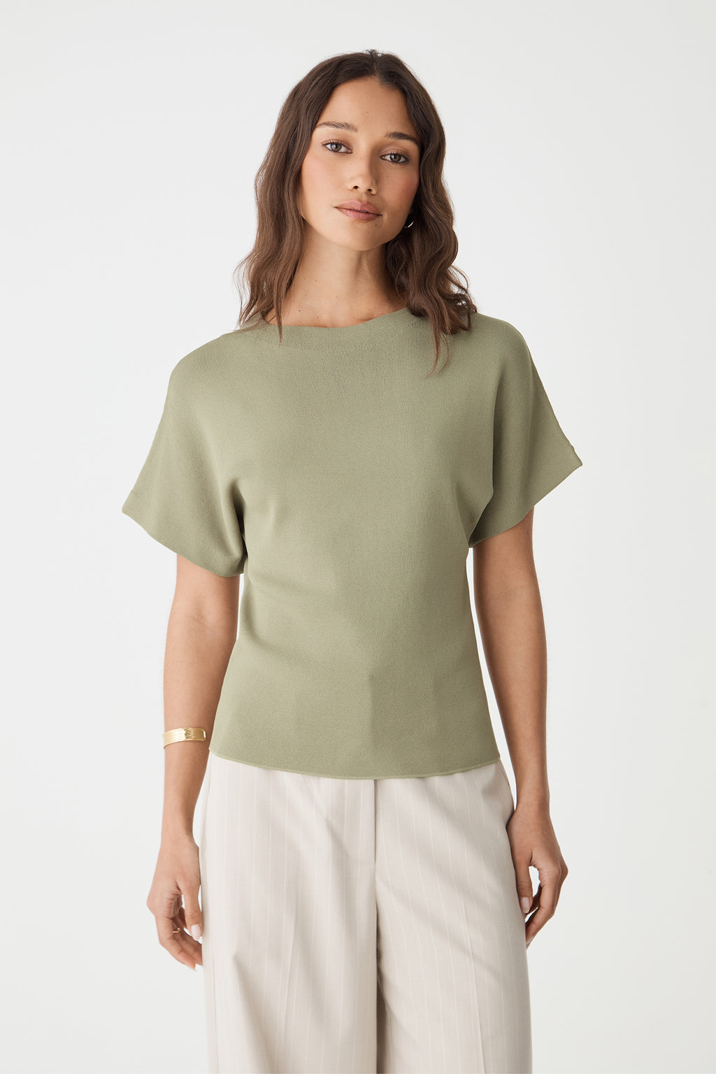 Front close view of the Jemma Relaxed Knit Top in soft khaki, showing round neckline and dropped shoulder sleeves