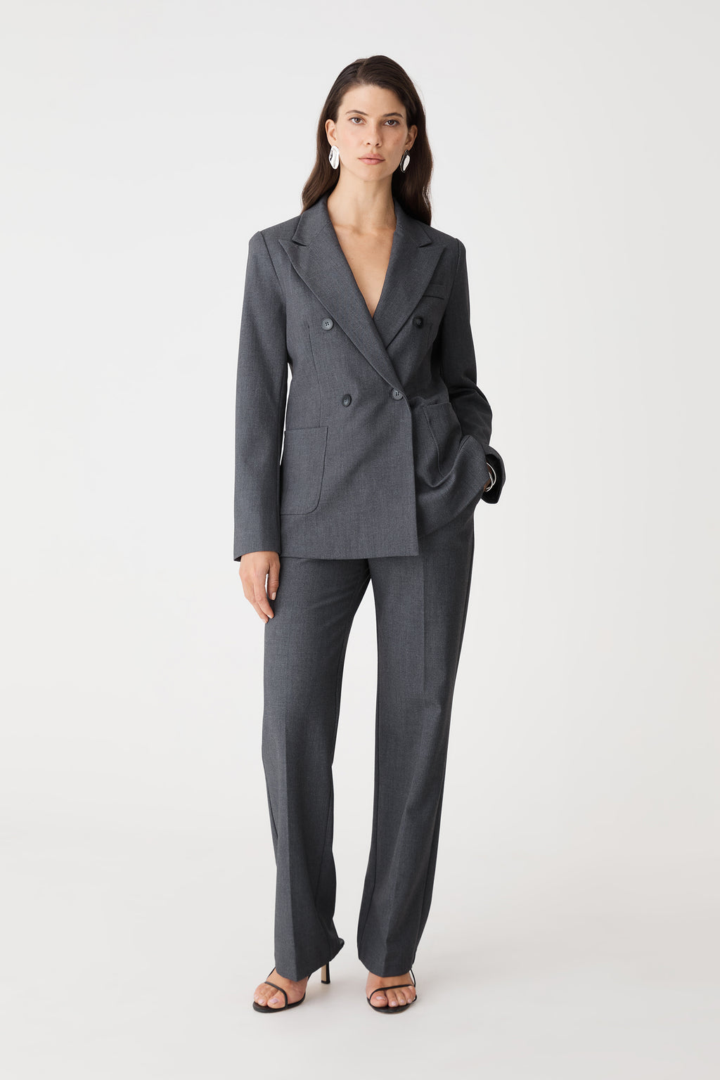 Merid Tailored Pants in dark grey, front view worn with matching double breasted blazer