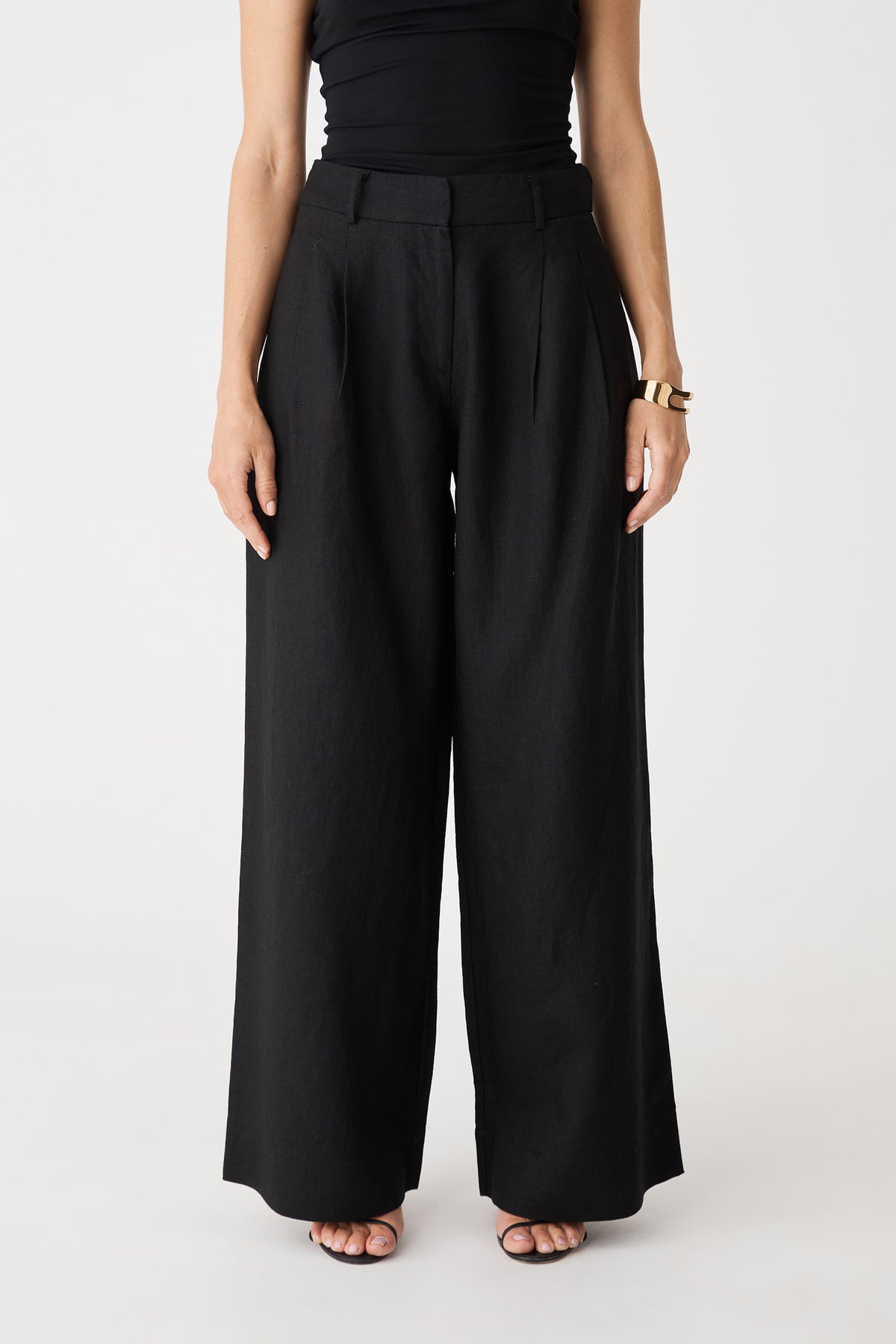 Front close-up of the black Ami Wide Leg Linen Pants showing high-rise waistband and front pleats