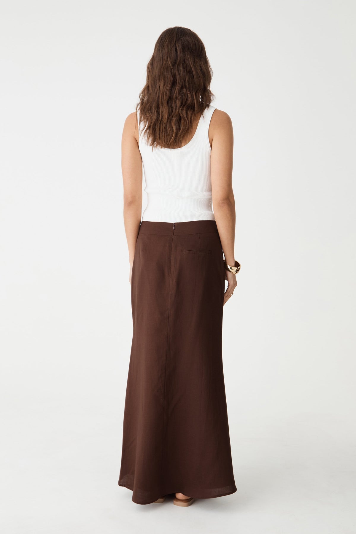 Back view of the chocolate maxi skirt with invisible back zipper