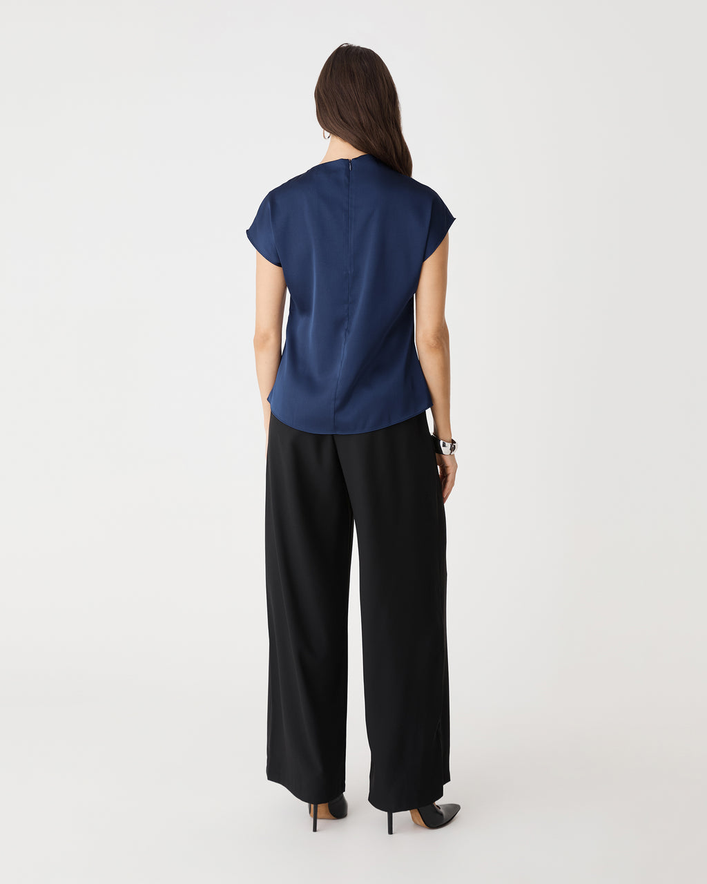 Back view of the navy Zafina Pleated Draped Top with invisible back zipper