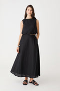 Kenya 2 Ruched Linen Top in black, front view, worn with matching black Kenya Linen Skirt