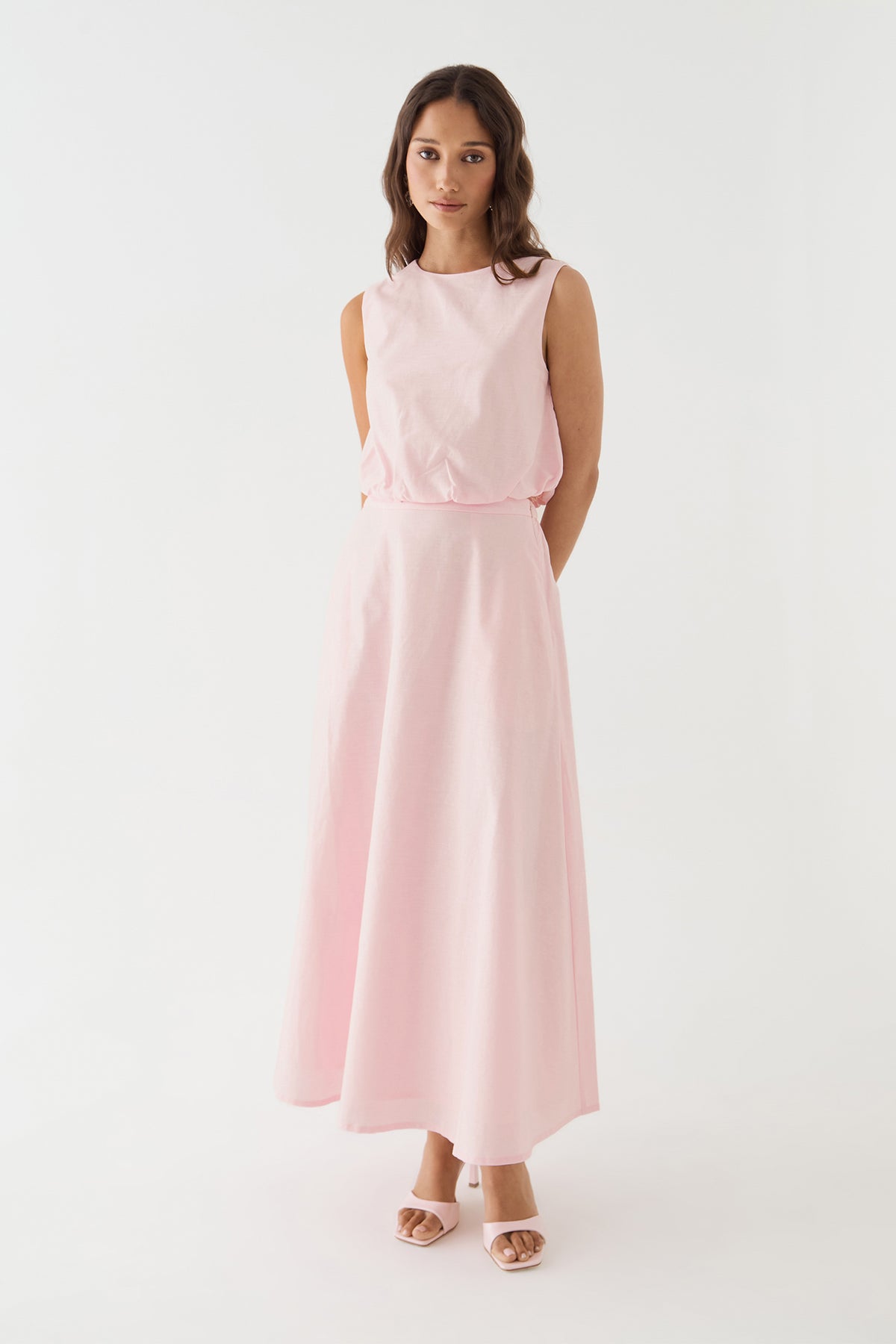 Kenya 2 Ruched Linen Top in Fairy Floss pink, front view worn with matching long skirt
