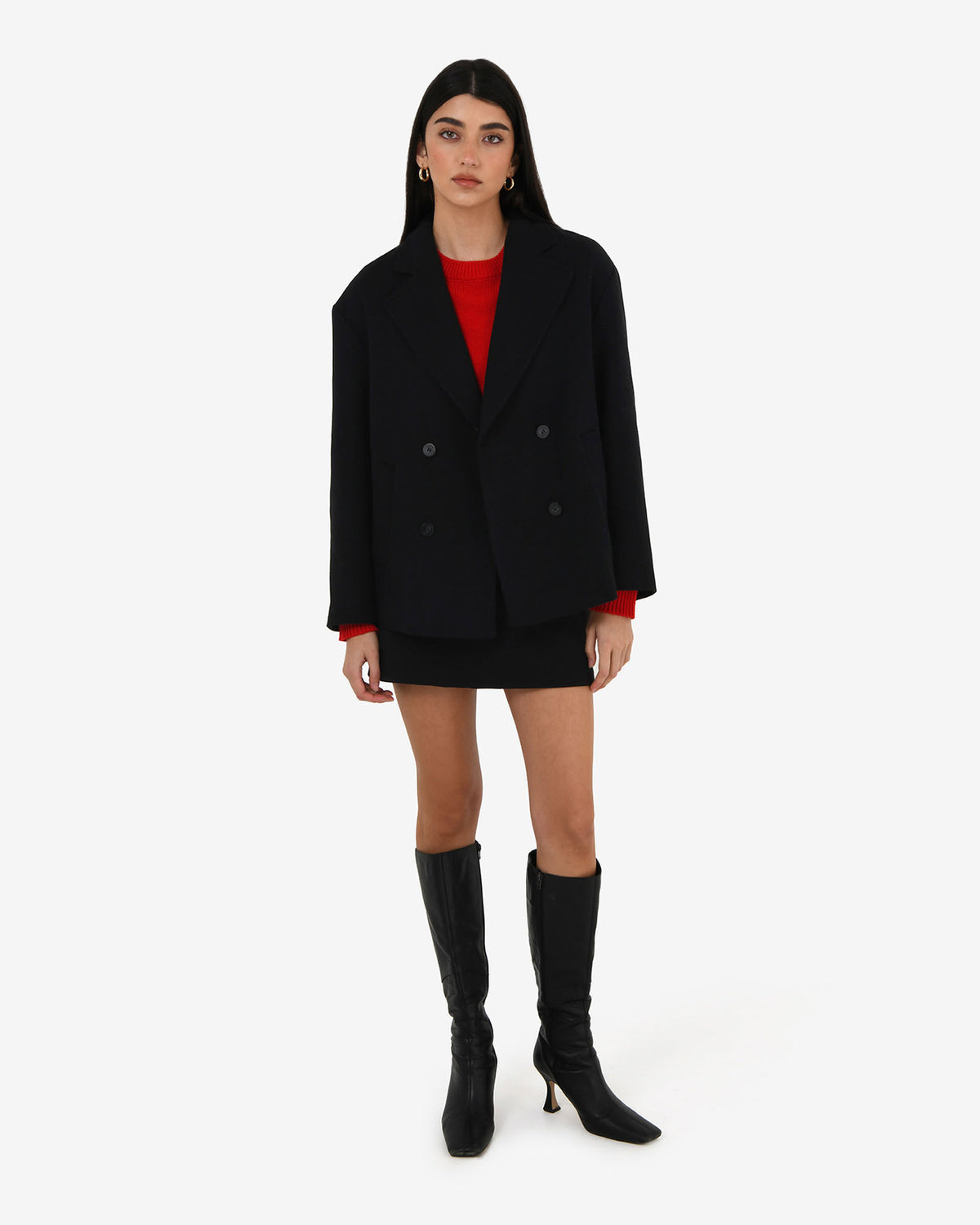 Tamara Cropped Peacoat in black — full-length view
