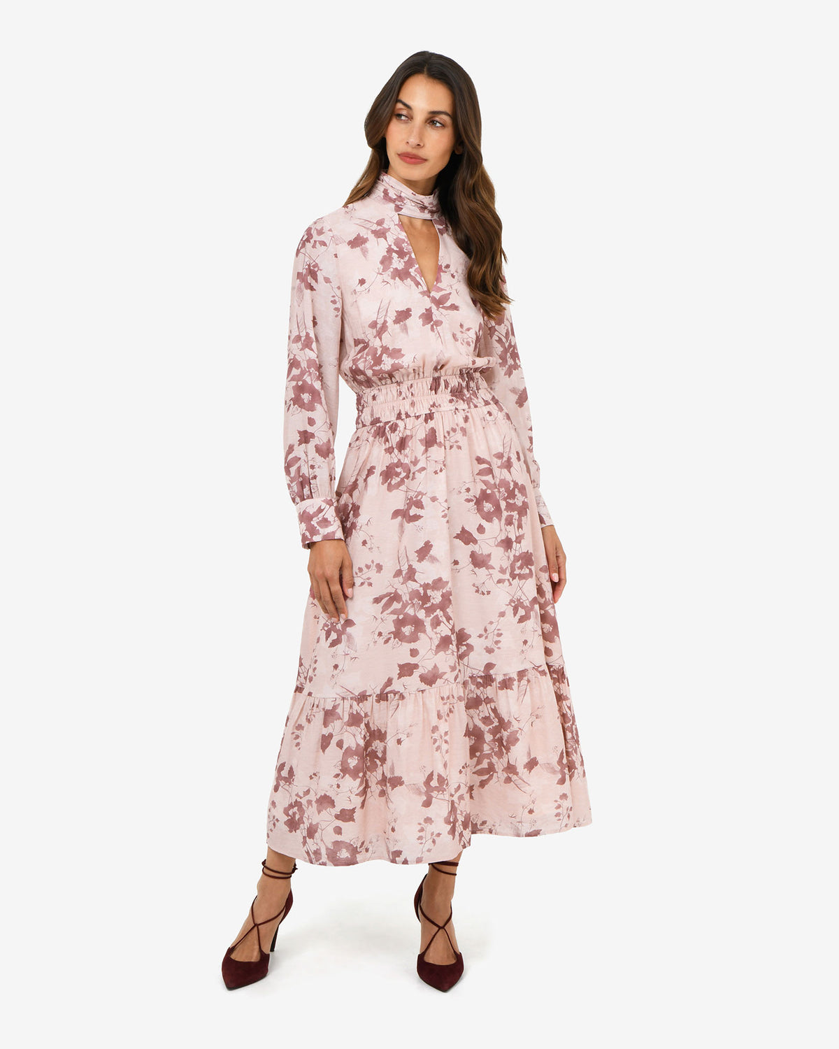 Lesley Tiered Floral Dress in pink floral — full-length view
