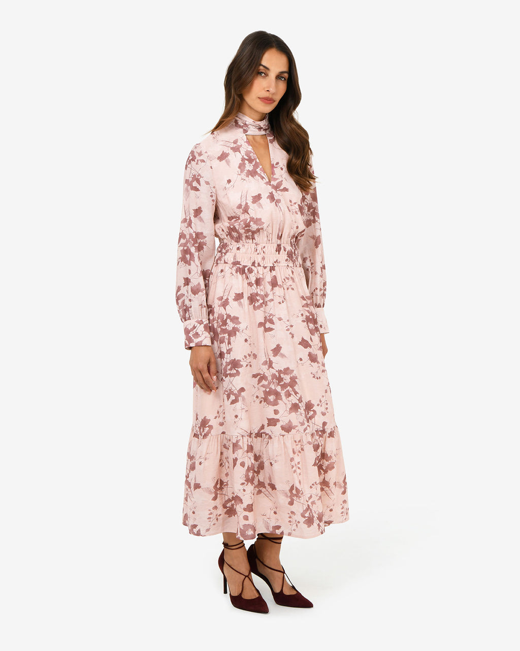 Lesley Tiered Floral Dress in pink floral — side view