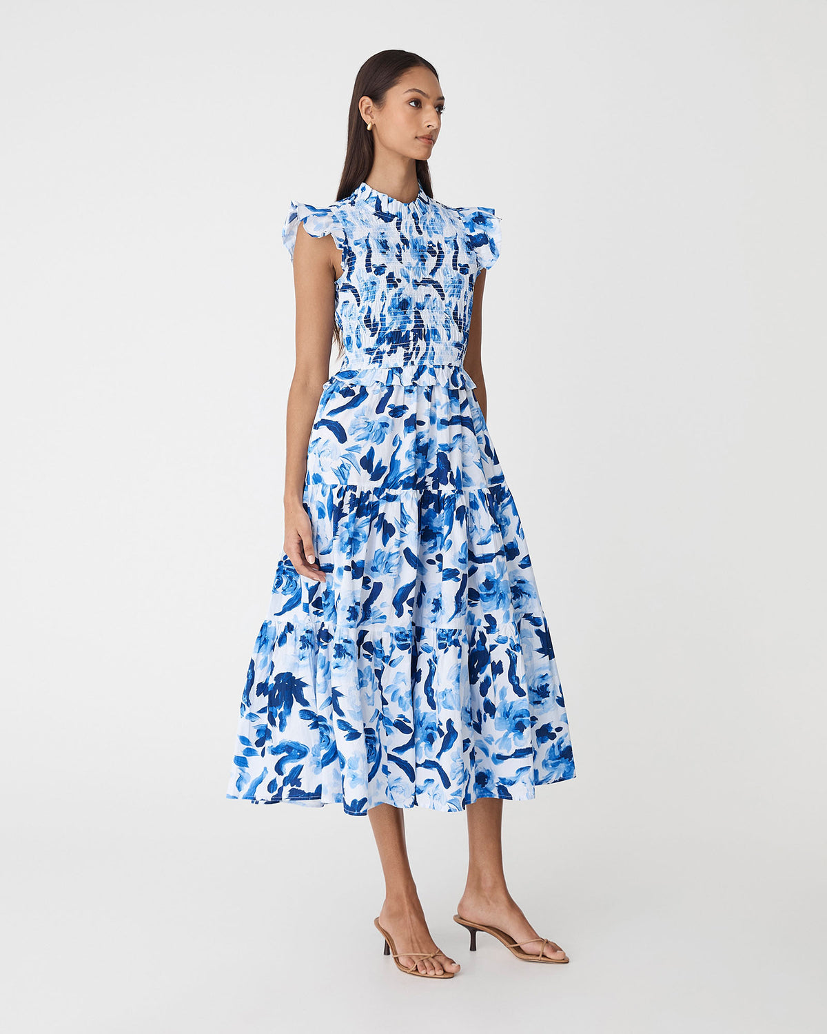 Georgia Cotton Poplin Dress in blue ivory — side view
