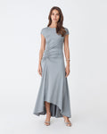 Kim Asymmetric Ruched Dress in pewter — full-length view