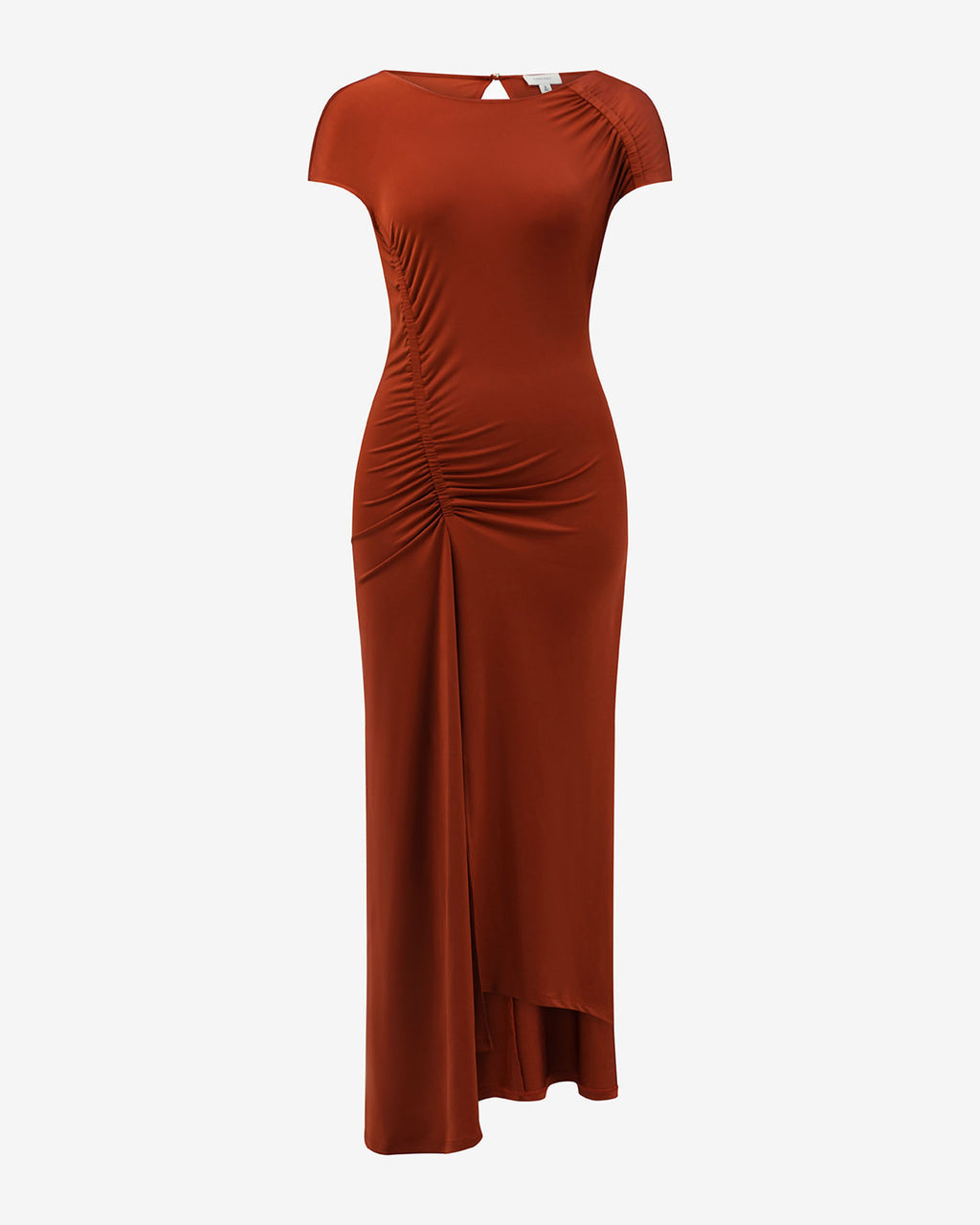 Kim Asymmetric Ruched Dress in rust — product-only view 2