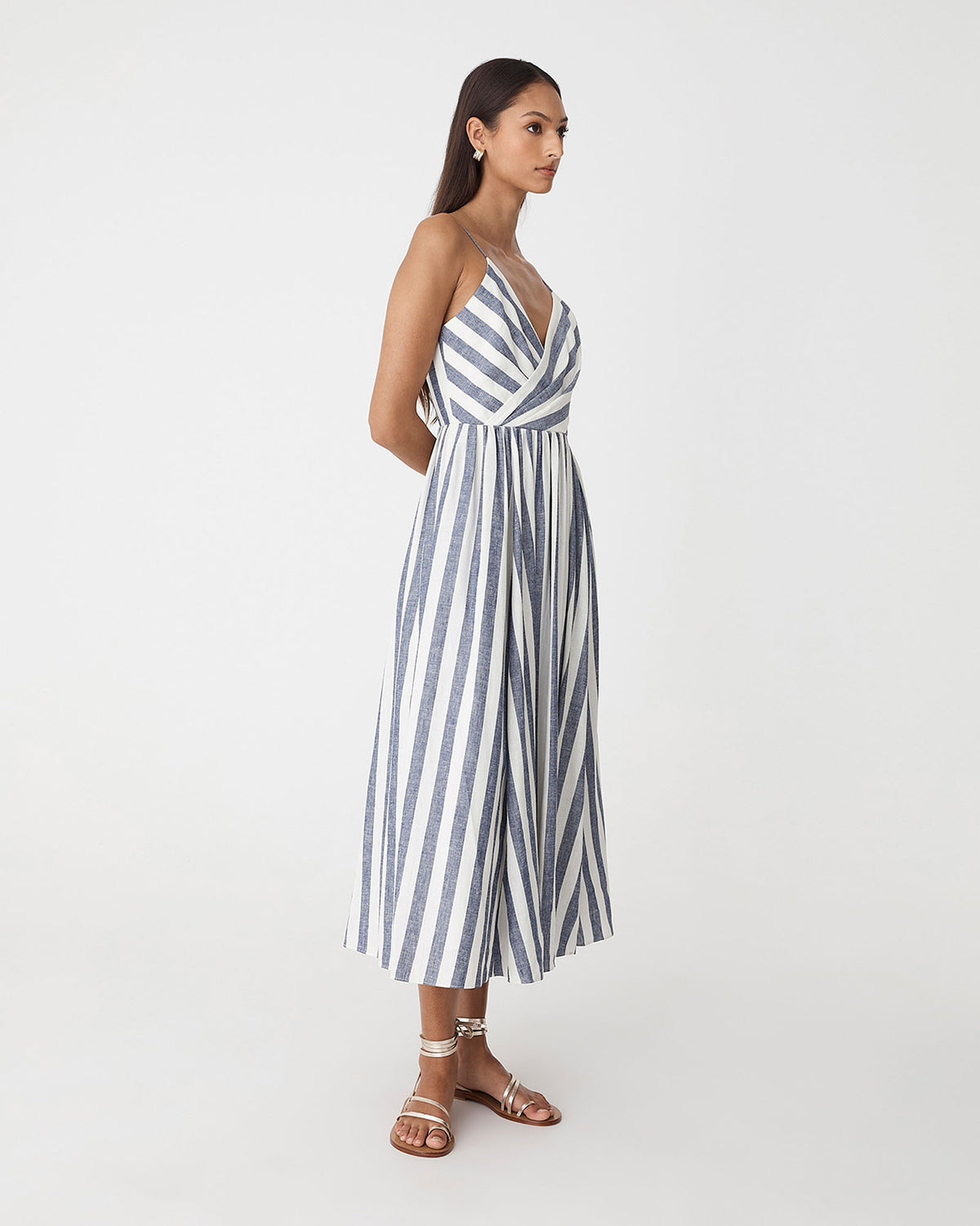Ikaria Linen Crossover Dress in blue stripe — side view