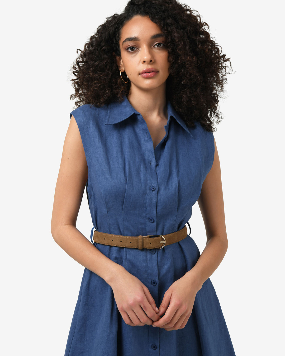 Ami Linen Mini Beach Dress in egyptian blue — close-up view 2