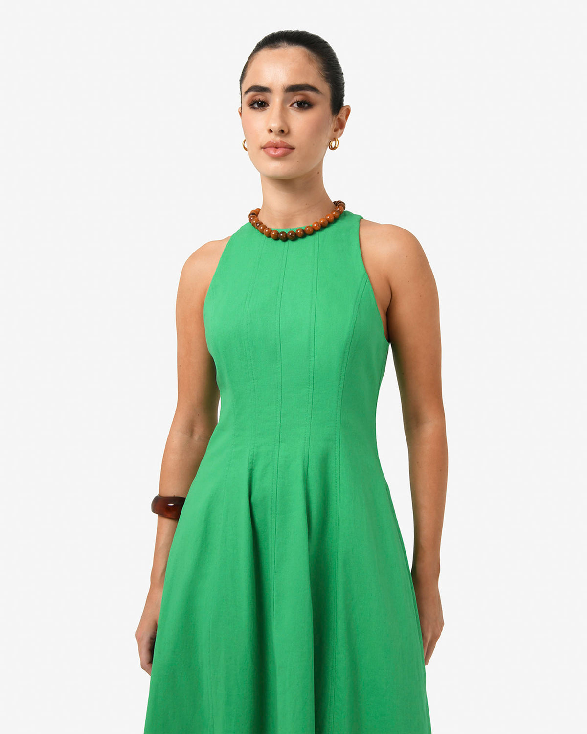 Tory Linen Blend Panel Dress in grass green — close-up view