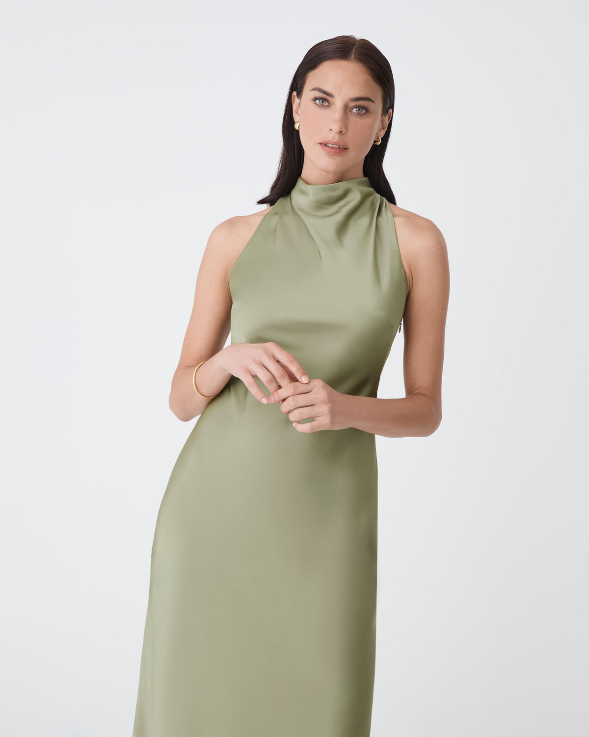 Delilah Bias Satin Dress in olive — close-up view