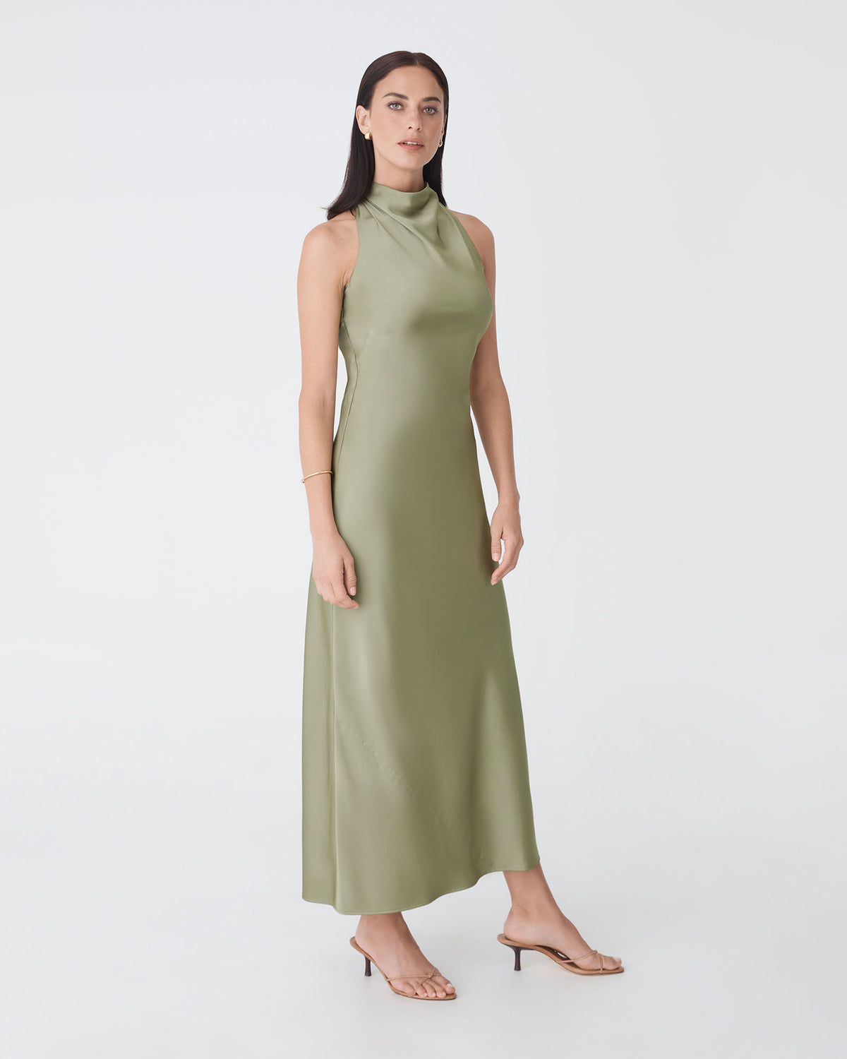 Delilah Bias Satin Dress in olive — side view