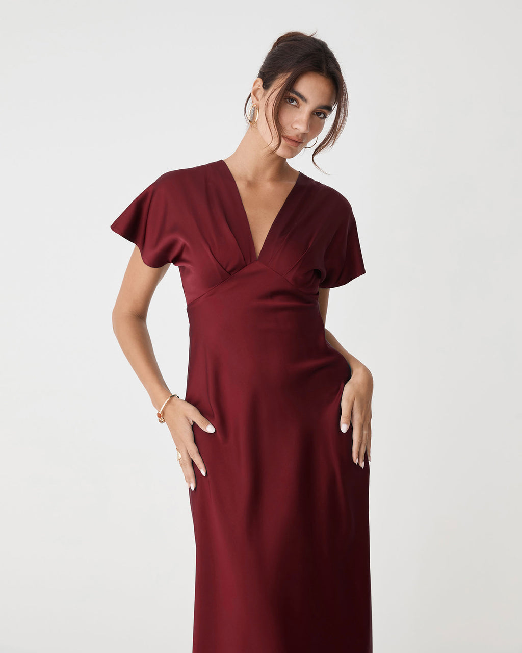 Catalina V-Neck Satin Dress in deep red — close-up view