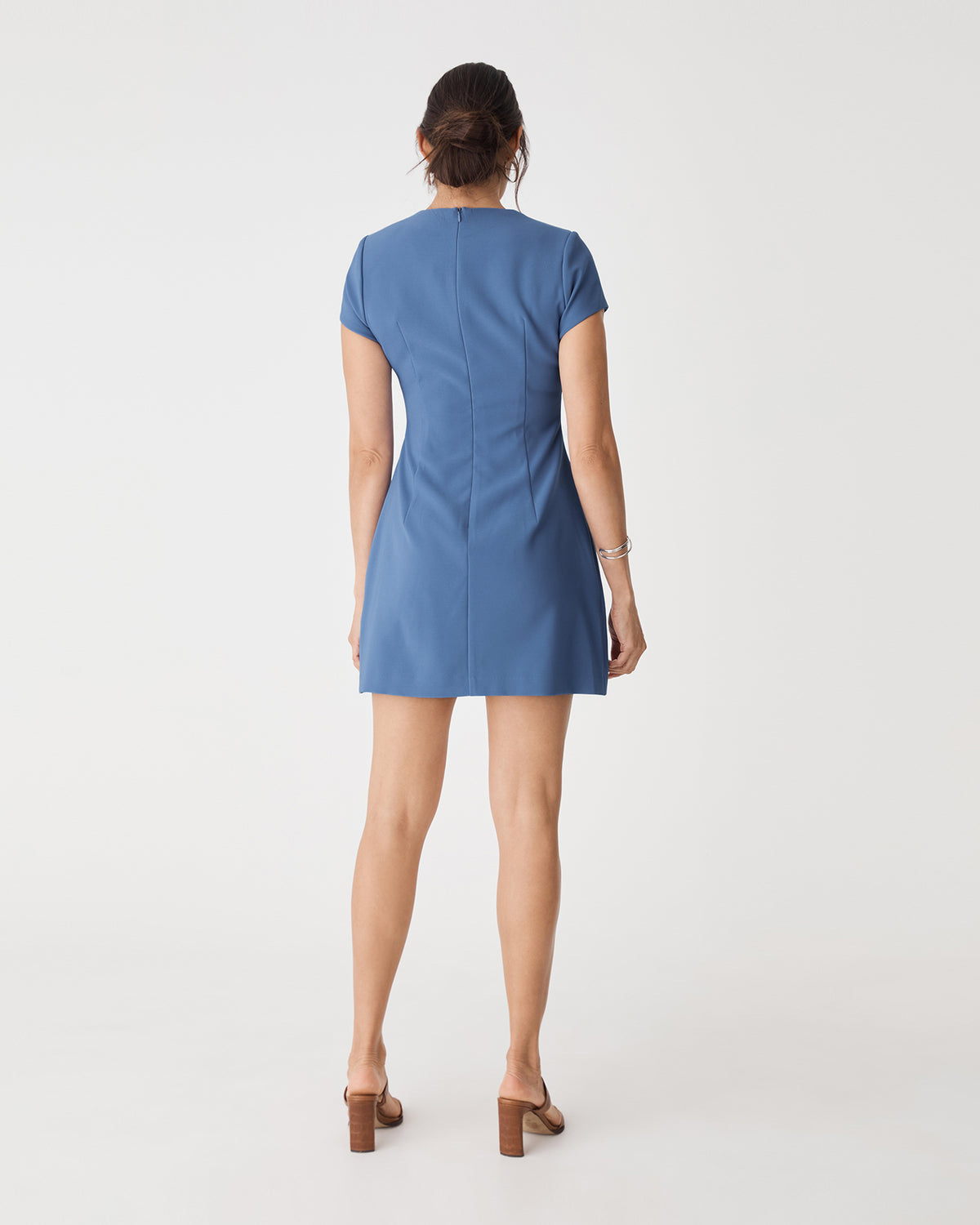 Hannah Tailored Mini Dress in dusty blue — back view
