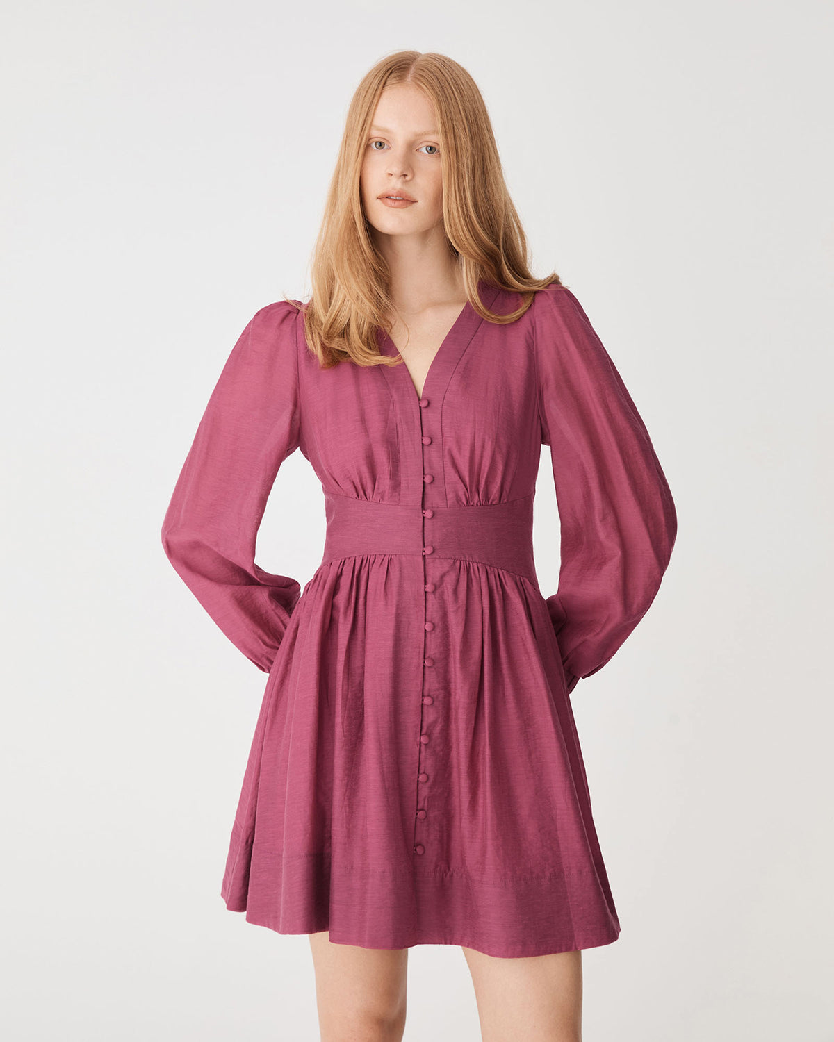 Paloma V-Neck Mini Dress in berry — close-up view