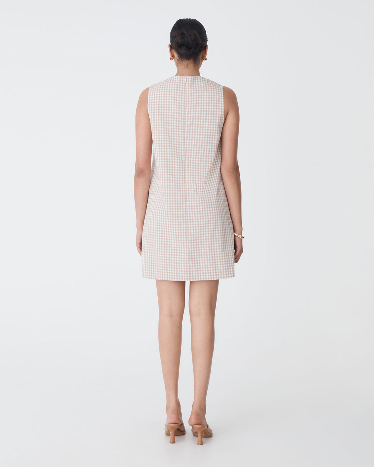 Koora Checked Mini Shift Dress in beige check — back view